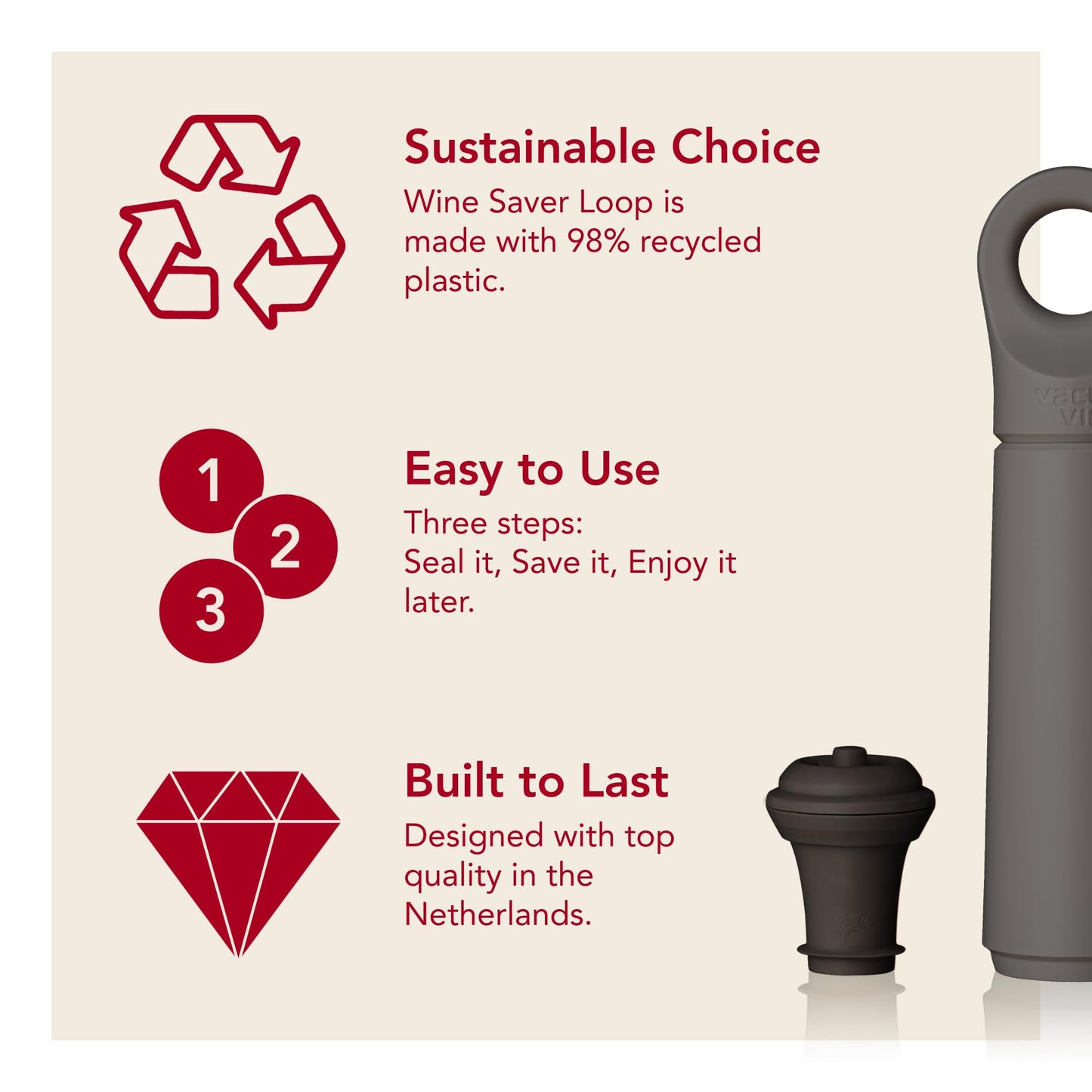 Vacu Vin Wine Saver Loop – Made in the Netherlands – Premium Wine Preserver Pump with Stopper – Reseals & Preserves Wine – Airtight Air Removal System – Graphite