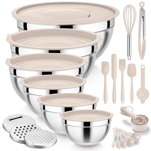E-far 25PCS Mixing Bowls with Lid Set, Stainless Steel Nesting Prep Bowls with Grater Attachments Non-Slip Bottoms for Cooking, Serving, Food Storage, 4.6/2.6/2/1.5/1/0.7QT - Khaki