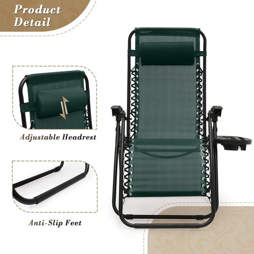 Athena Collection Zero Gravity Lounge Chair Set of 2 - Reclining Pool Chairs with Cup Holder | Green