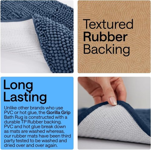 GORILLA GRIP Bath Rug Mat - Soft Absorbent Chenille | Quick Dry Microfiber, 48x17, Navy