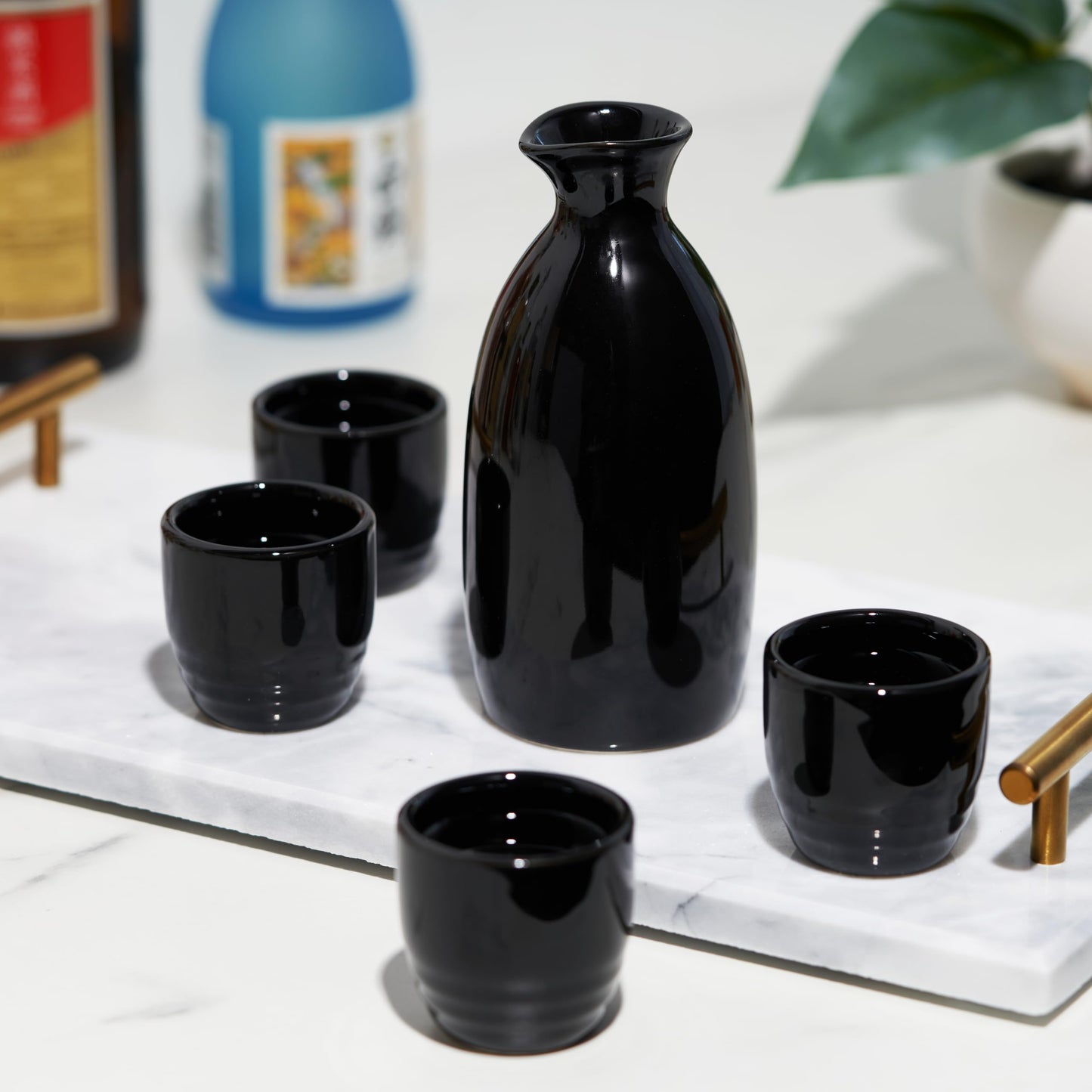 True Moga Sake Set, Pitcher and tumbler set for Sake, Japanese Style Sake Stoneware, Four 3.5 oz Cups and one 8 oz. Carafe, Fire glazed Porcelain, Set of 5, Black