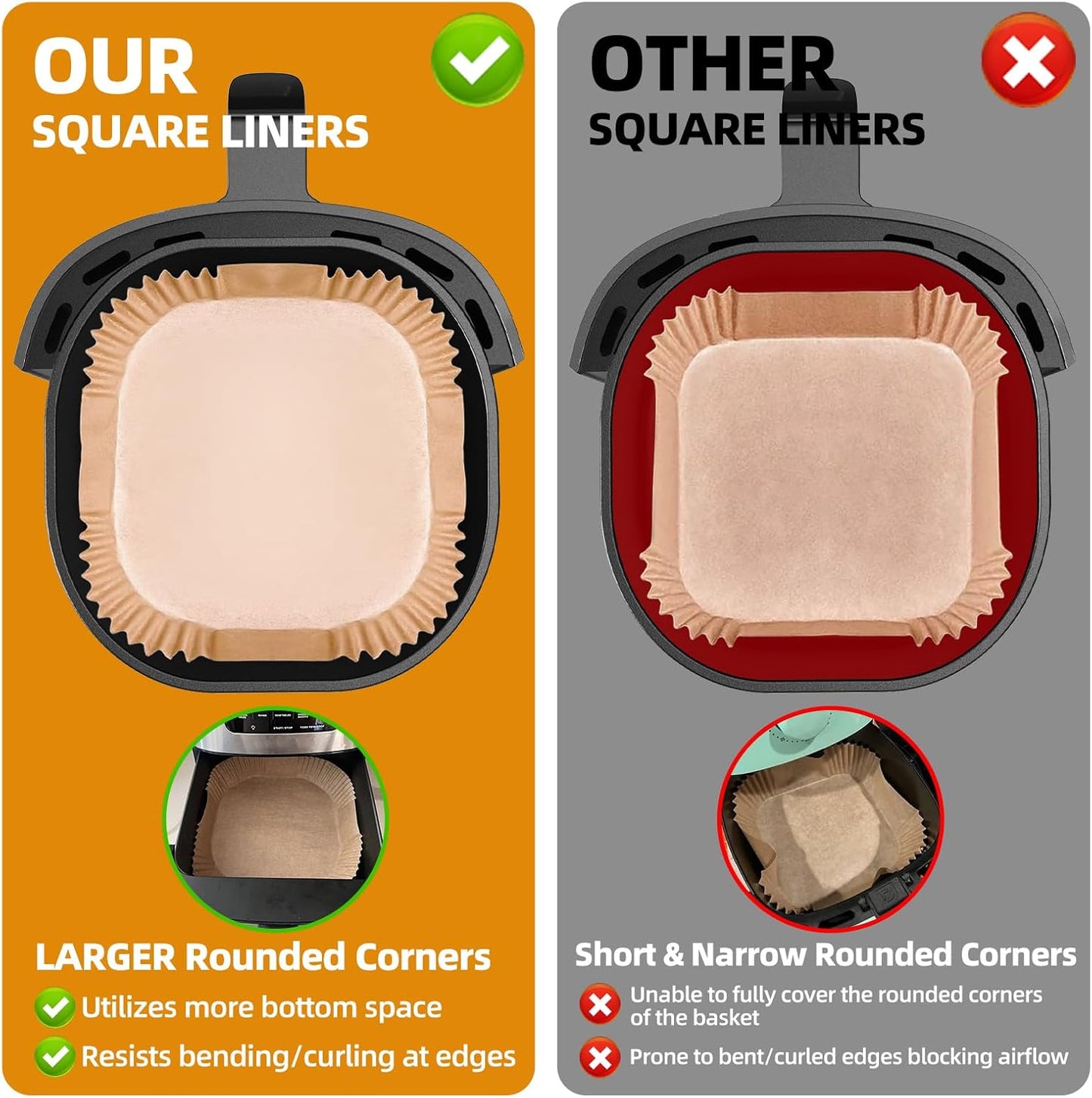 Ninja Air Fryer Paper Liners - Thickened Disposable Square Liners for 4-6 Qt Air Fryers | 8.3" Top Size
