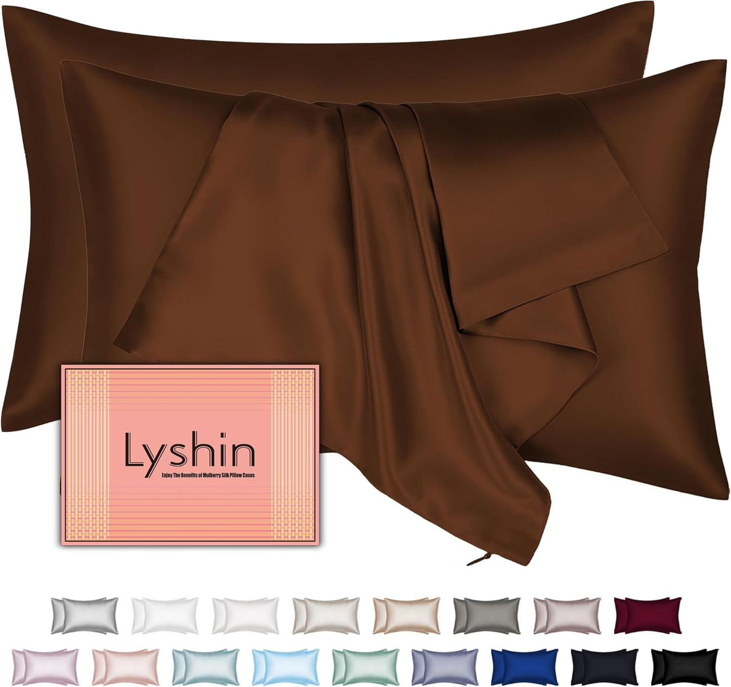 Skiennix Silk Pillowcases - 2 Pack King Size, Hidden Zipper, Mulberry Silk for Hair & Skin - Brown