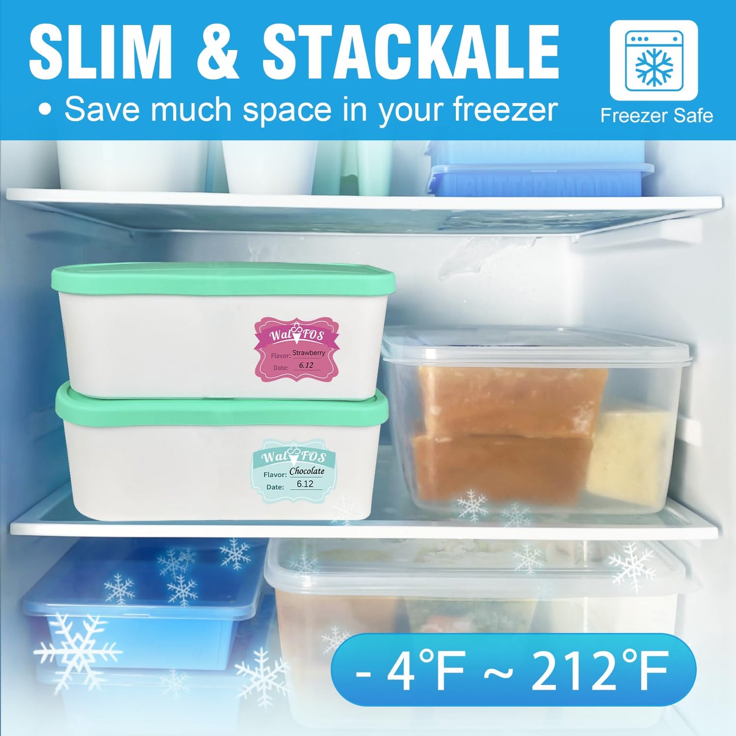 Walfos Ice Cream Containers - 1.6 Quart Each, Reusable Homemade Ice Cream Tubs with Silicone Lids, Stackable Freezer Storage Container for Yogurt, Sorbet, Gelato, Bonus 2 Bands, 12 Stickers, Set of 2