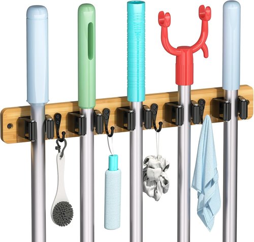 IMILLET Broom Holder Wall Mount - Bamboo Mop and Broom Organizer with 5 Racks & 4 Hooks | Ideal for Home Storage
