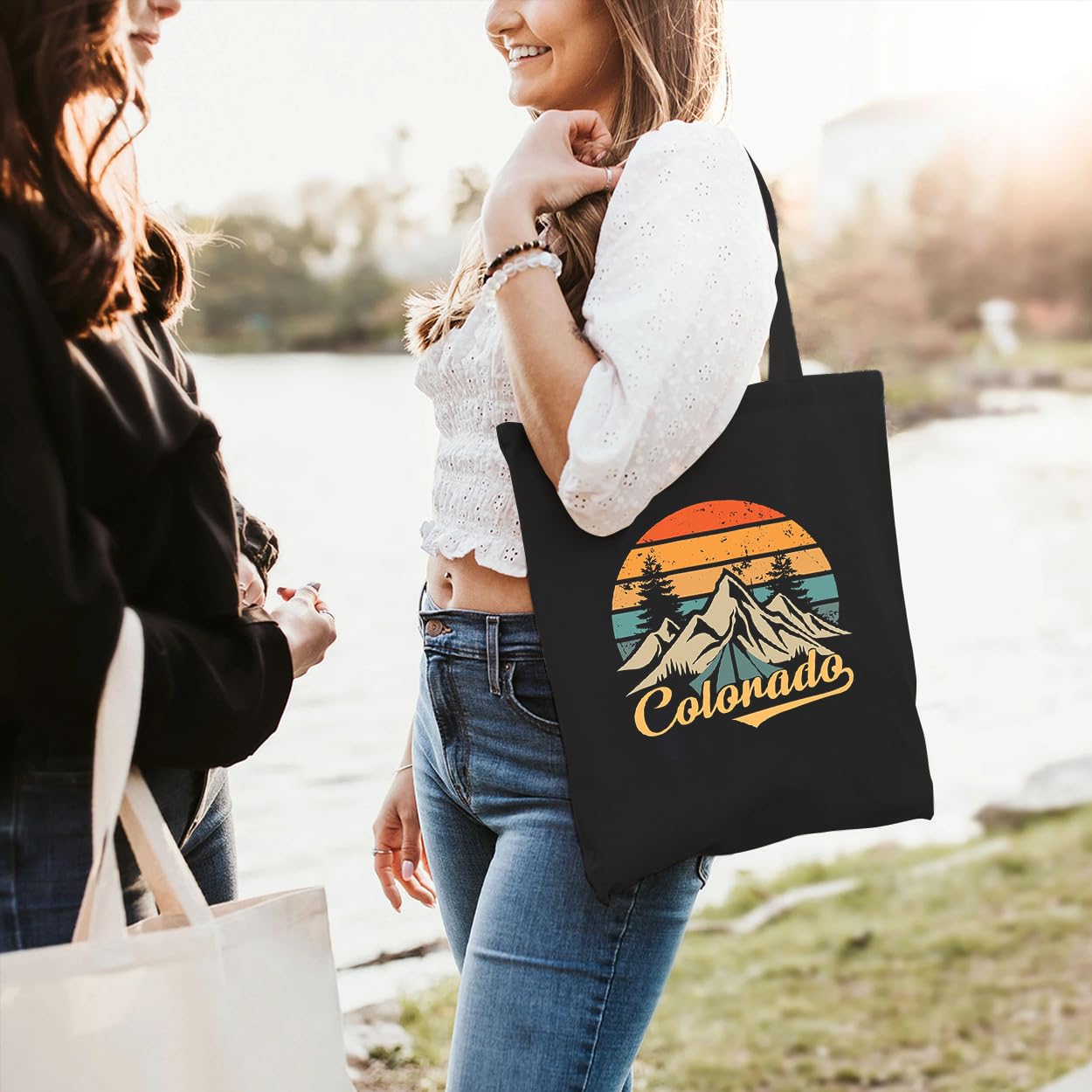 Hiking Camping Canvas Tote Bag for Women Colorado Mountain Shopping Bag Eco-Friendly Reusable Grocery Bag Black