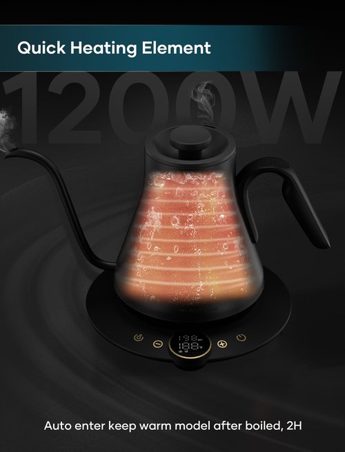 INTASTING Gooseneck Electric Kettle with ±1℉ Temperature Control for Pour Over Coffee & Tea, Quick Heating, BPA-Free Stainless Steel, Built-in Brew Timer, 1500W/0.9L (Black Walnut)