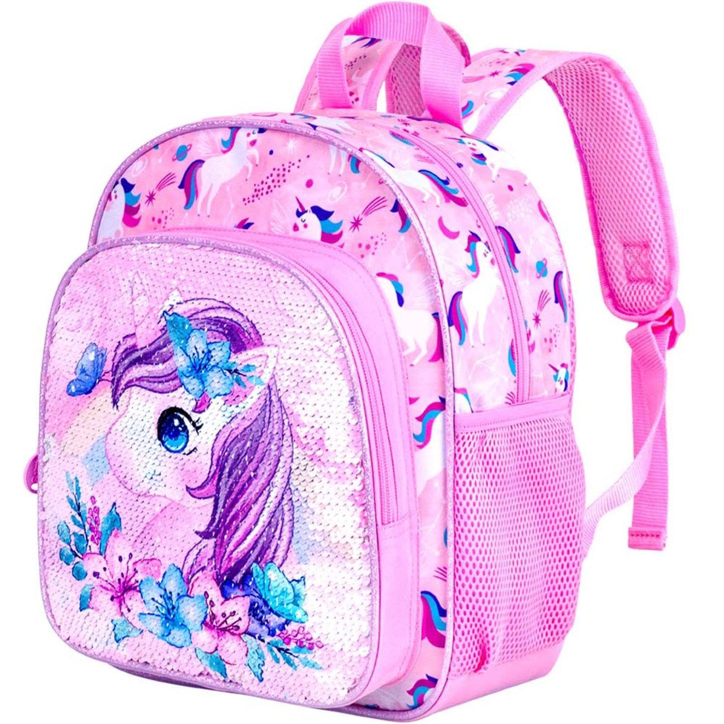 KLFVB Toddler Backpack for Girls, Cute Unicorn Bookbag for Little Kids, 12” Sequin Kindergarten Preschool Schoolbag