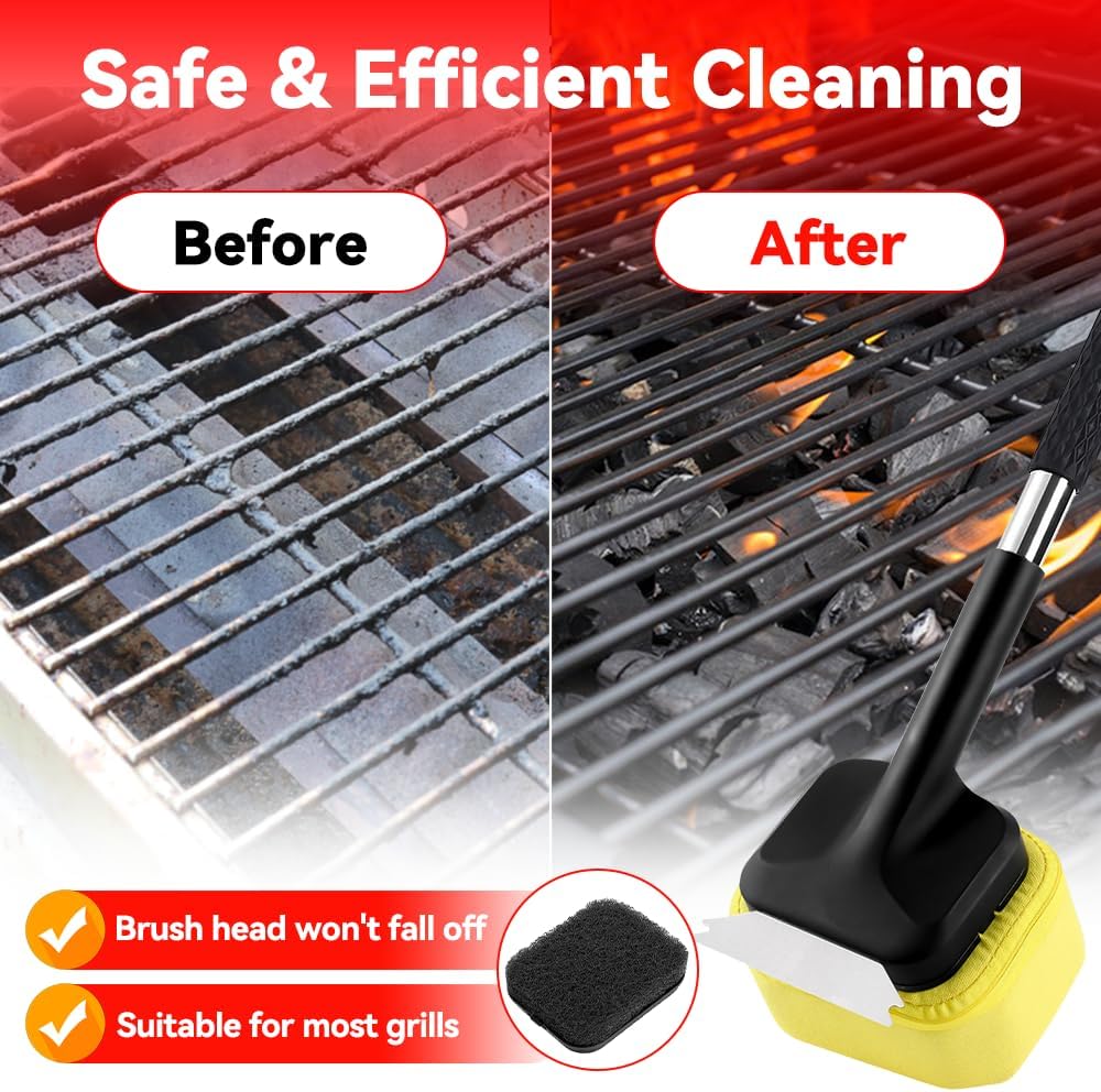 Skiennix Grill Brush - Bristle-Free BBQ Cleaner with Durable Scraper for Cast Iron & Stainless Steel Grates | 2 Replaceable Brushes, Perfect Gift for Men & Dads