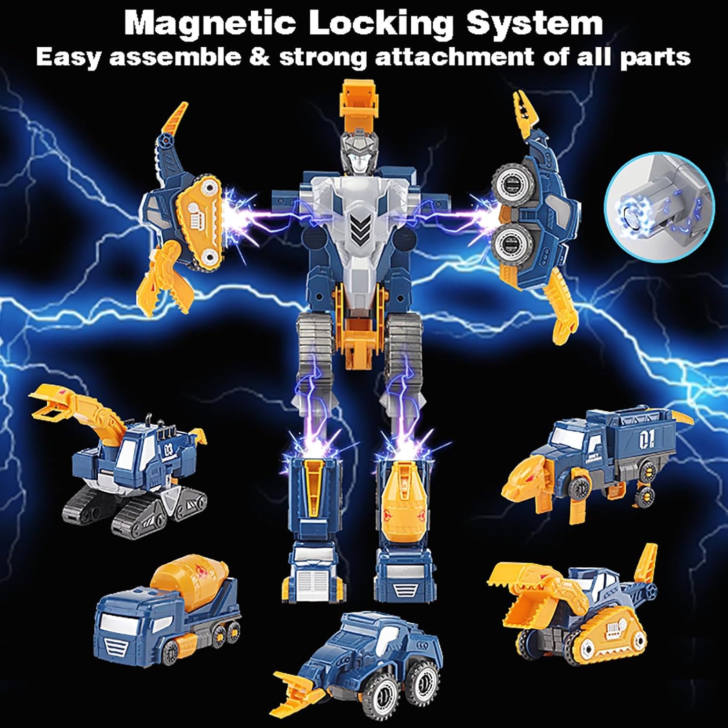 Skiennix Toddler Construction Car Transform Set - 5pcs Dinosaur Rescue Robots with Magnetic Connectors | DIY STEM Building Trucks for Kids Ages 3-7