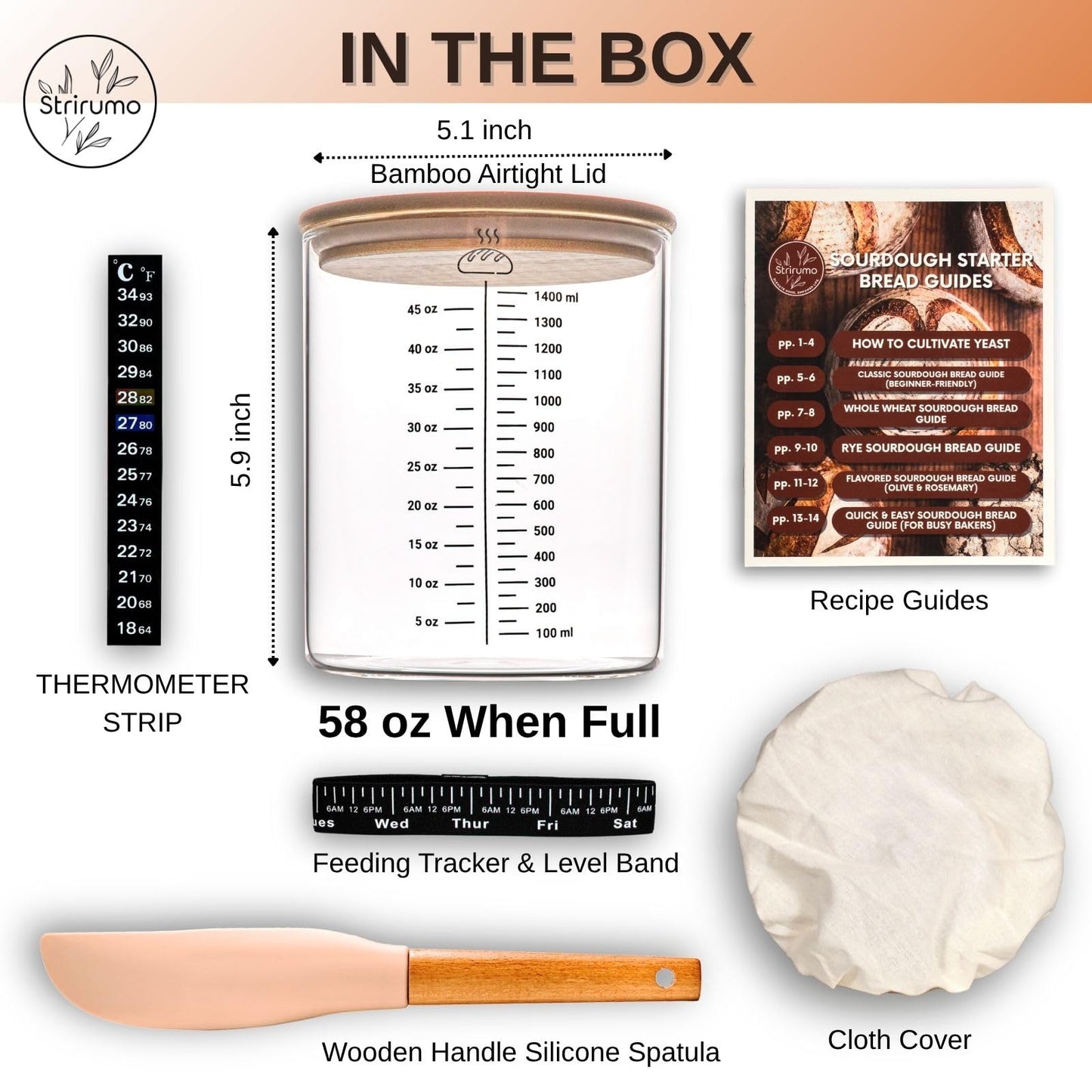 58oz Sourdough Starter Jar Kit – Large Glass Fermentation Jar with Feeding Tracker, Sourdough Starter Recipe Guide, and Essential Bread Baking Tools for Homemade Sourdough