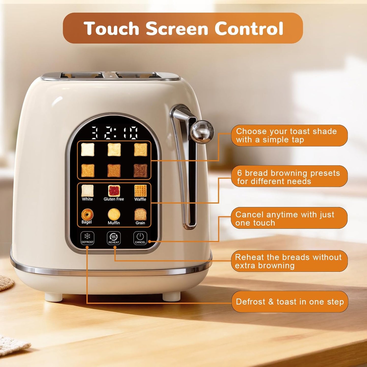Mecity 2-Slice Toaster - Touch Screen Retro Design for Breads, Bagels & Muffins | Cream Color, 120V 825W