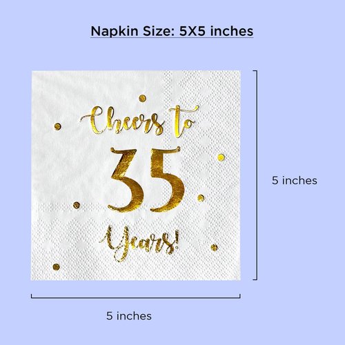 Cheers to 35 Years Cocktail Napkins | Happy 35th Birthday Decorations for Men and Women and Wedding Anniversary Party Decorations | 50-Pack 3-Ply Napkins | 5 x 5 inch folded (White)