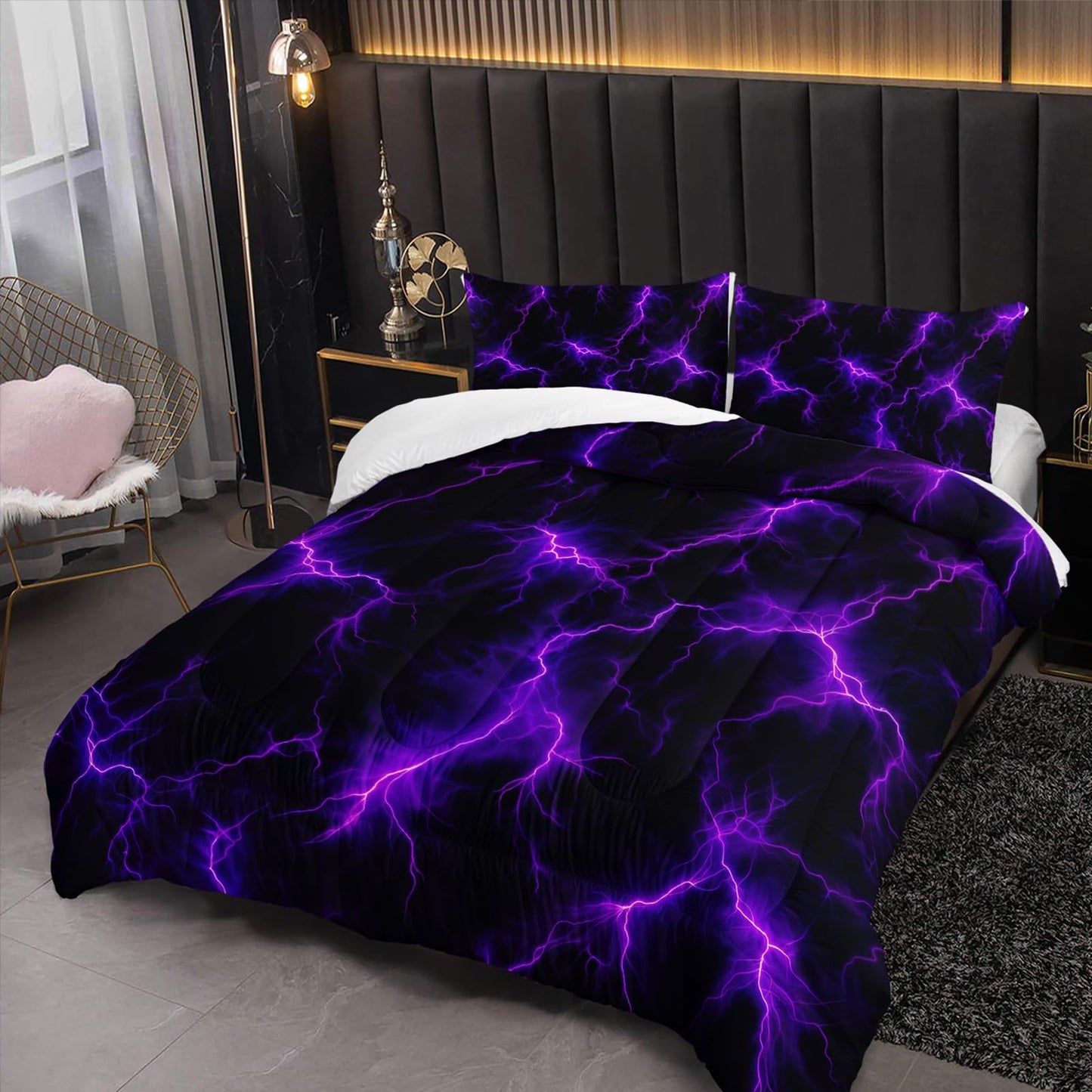 Nttopship Violet Lightning Comforter Set Queen Thunder Bedding Sets 3PCS for Kids Teen Adult Violet Room Decor Ultra-Soft Lightweight Microfiber 1 Comforter with 2 Pillowcases