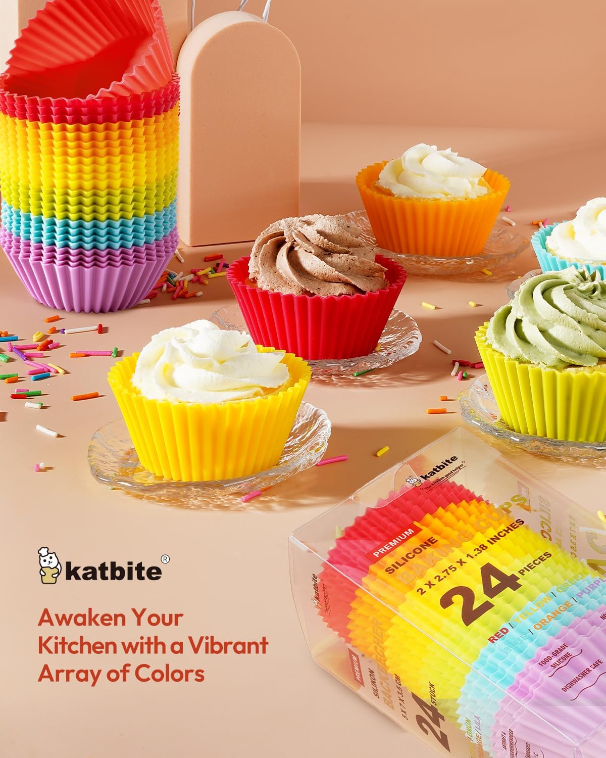 Katbite Silicone Cupcake Liners - 24 Pack Non-Stick Muffin Molds | Heavy Duty Multicolor Baking Set