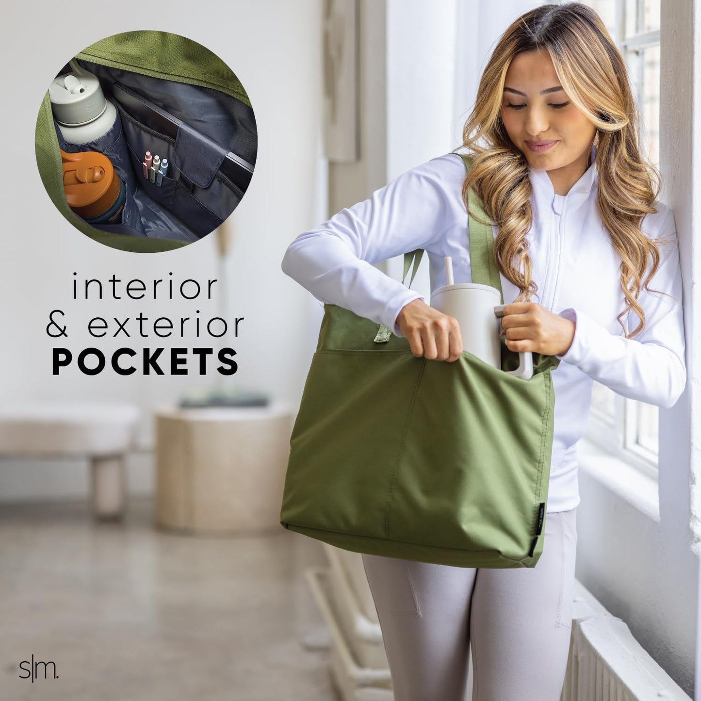 Simple Modern Tote Bag for Women | Medium Water-Resistant Laptop Purse with Compartments and Zipper Top | Shoulder Bag with Pockets for Work, Travel & School | Almond Birch