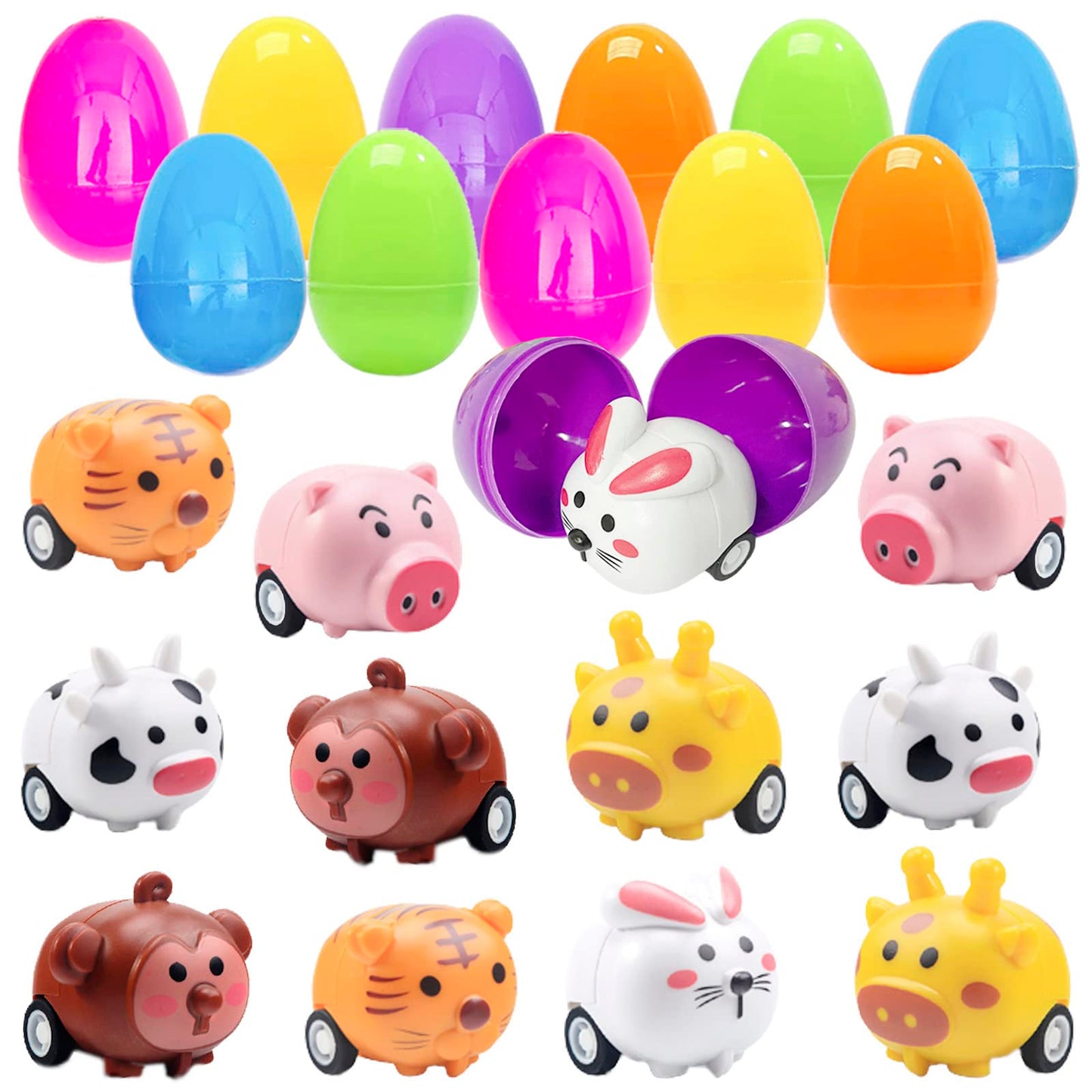 BAINFE 12PCS Easter Eggs with Pull Back Car Toys, Plastic Eggs with Cartoon Animal Vehicles for Kids Easter Egg Hunts, Easter Basket Stuffers Fillers, Easter Party Favor Classroom Prize Supplies