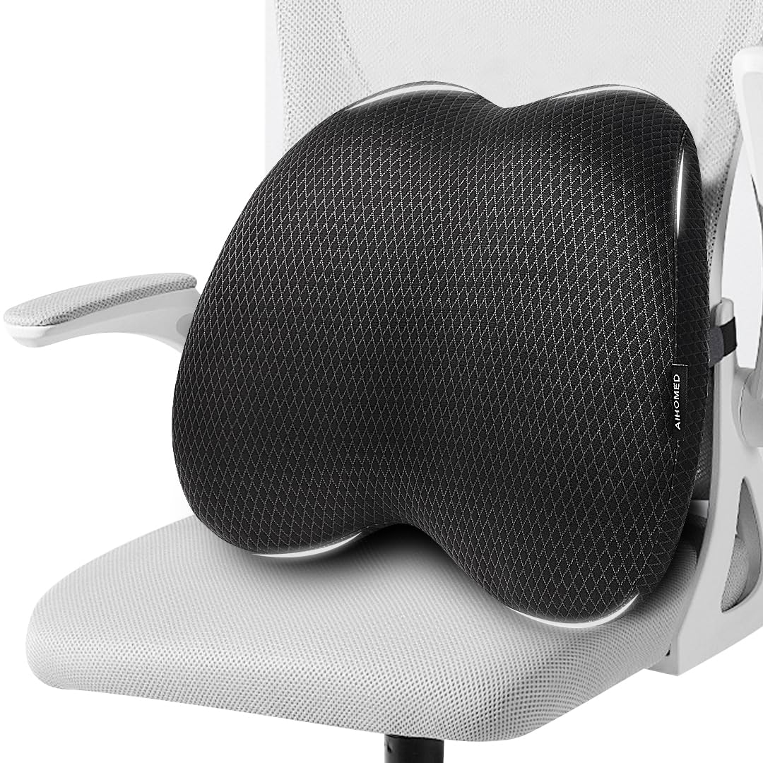 AIHOMED Lumbar Support Pillow Office Chair Car Back Pillow, Ergonomic Lower Back Pain Relief Breathable Air Fiber Cushion for Long Sitting Worker Driver & Handicapped, Adjustable Strap (Dark Grey)