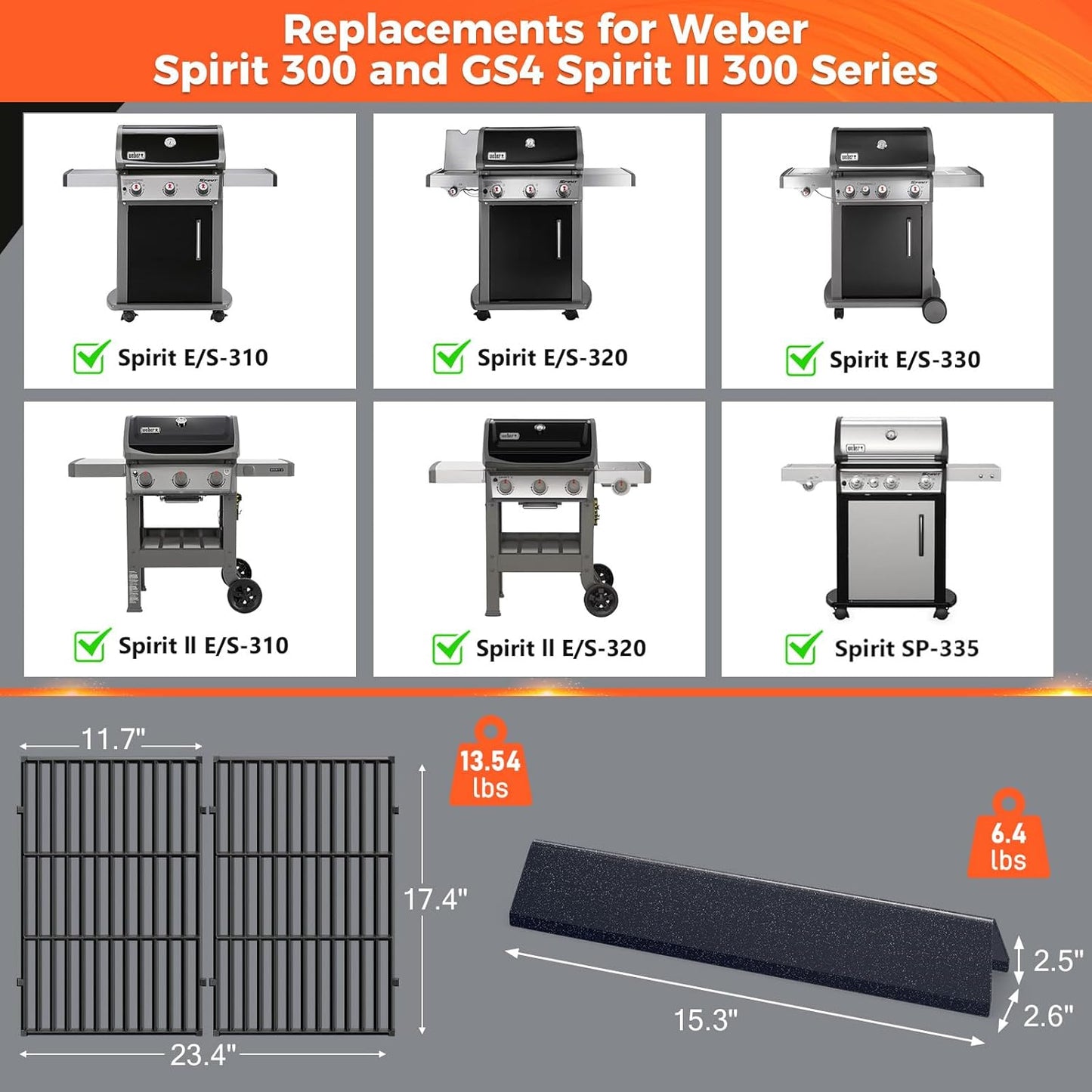 Weber Grill Parts - 15.3" Flavorizer Bars & Grill Grates for Spirit 300 Series | E-310, E-315, E-330 Compatible