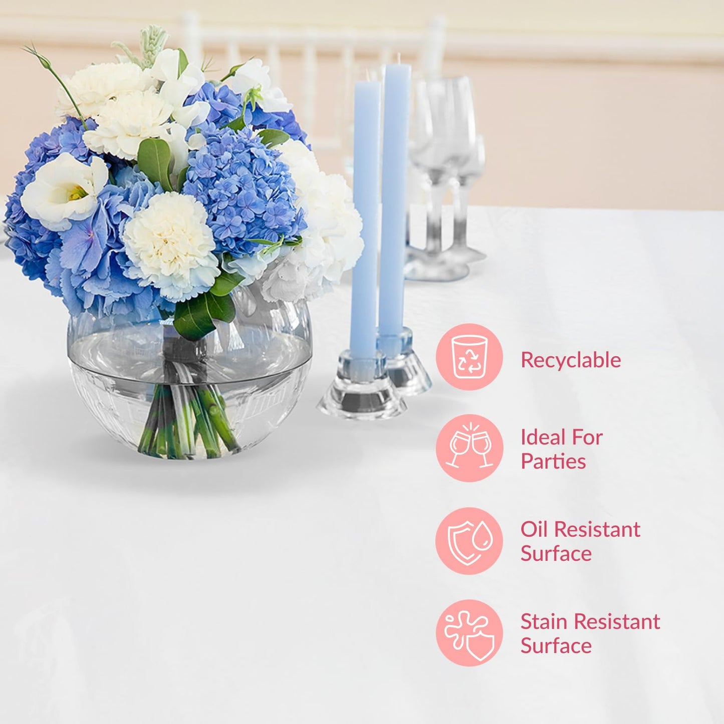 Prestee Plastic Round Tablecloths 84 Inches, 24 Pack White Disposable Table Cloths for Parties, Waterproof and Stain-Resistant Round Table Covers for Weddings, Holidays, Events, and Fine Dining
