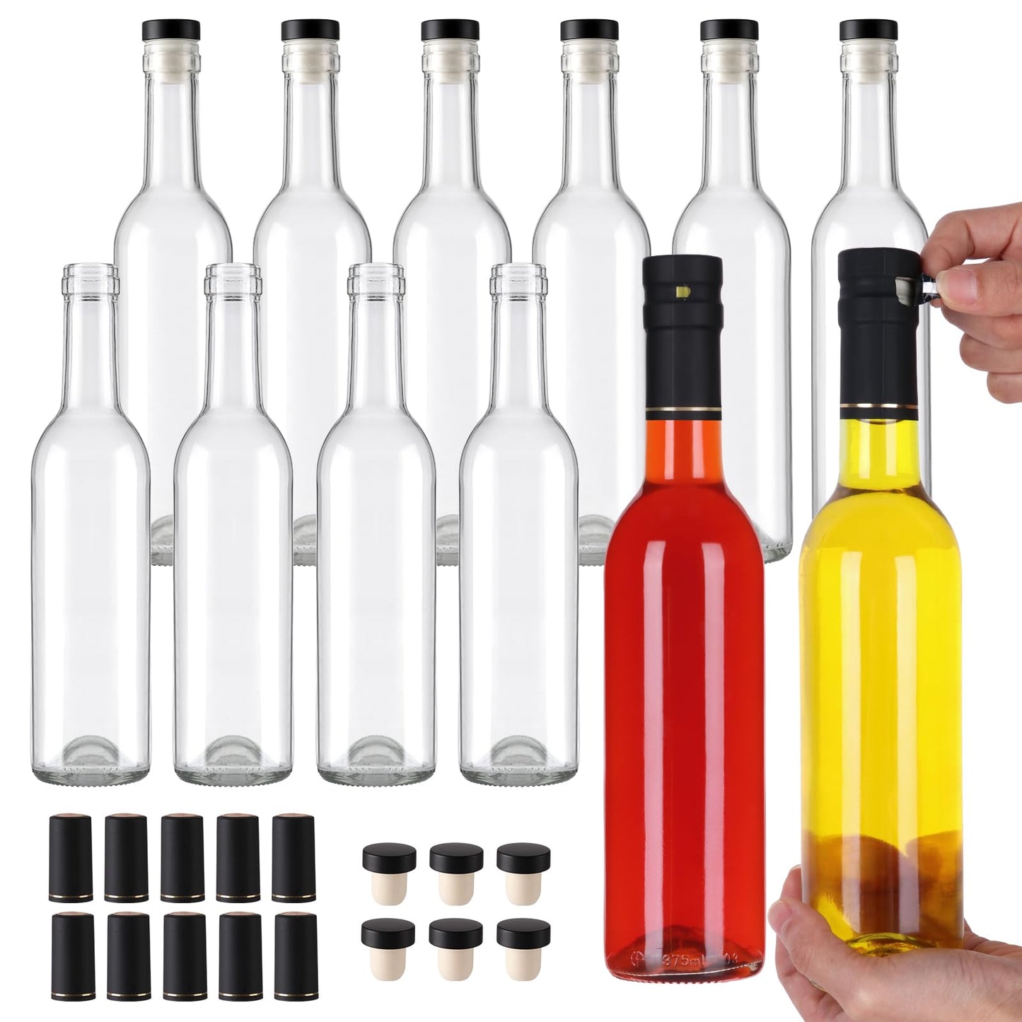 AuroTrends 12 oz Wine Bottles 12Pack with Cork Lids & Shrink Capsules - Durable 375ml Glass Bottles with Lids for Home Brewing, Sparkling Beverages, Fermentation, and Crafting