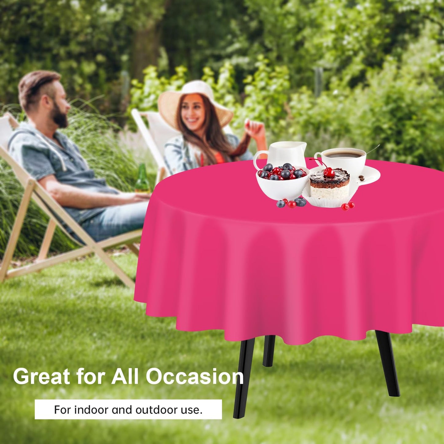 QIKSION Hot Pink Round Tablecloth 2 Pack, 84 Inch Plastic Table Cover Disposable for Parties
