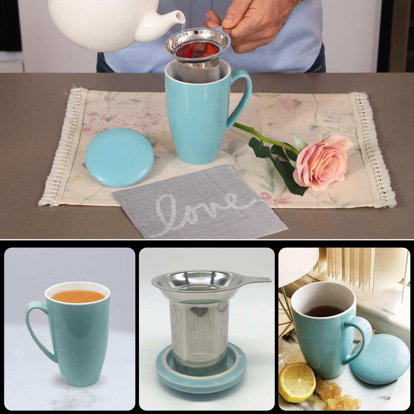 Furmaware PorcelainTea Mug, 15oz Ceramic Tea Infuser Cup with Cooling Handle & Strainer, Microwave and Dishwasher safe Steeping Cup for Tea lovers, Christmas, Birthday and Mother’s Day (Turquoise)