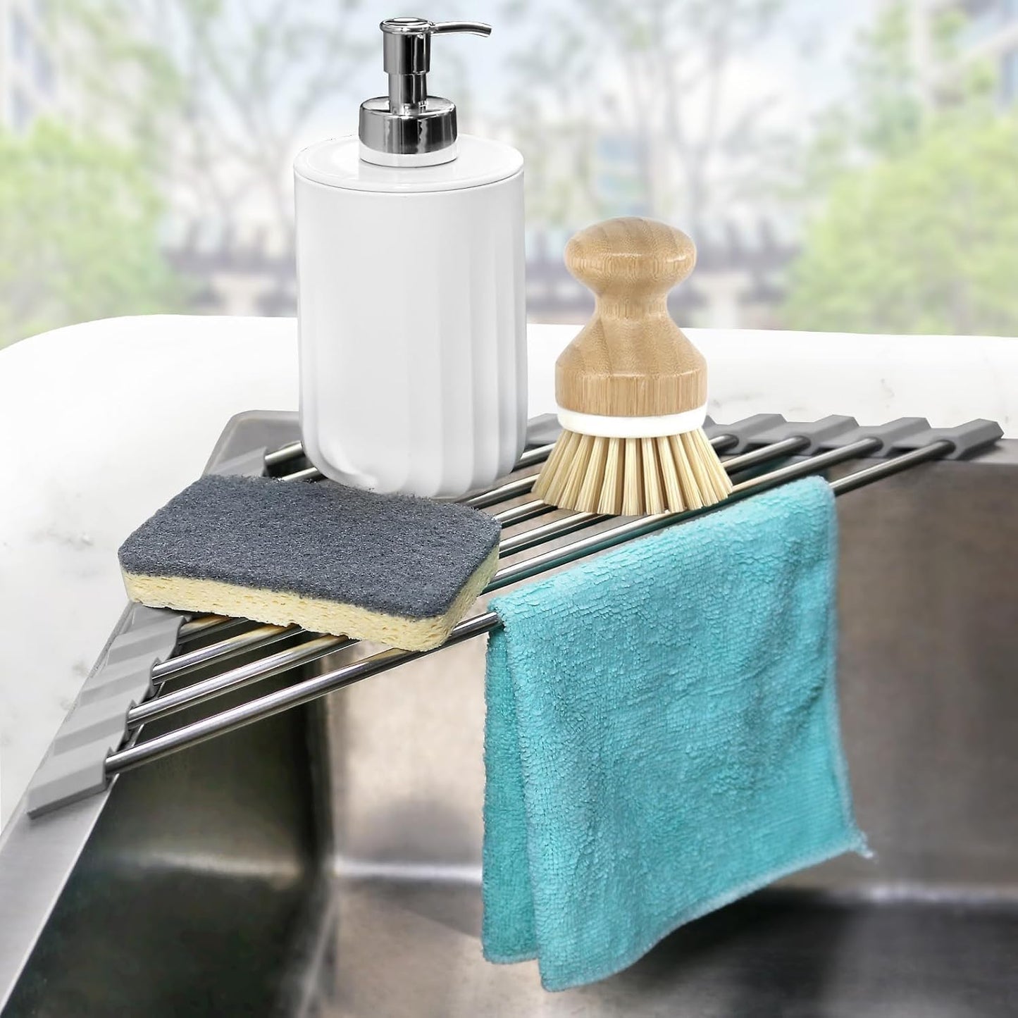 Skiennix Corner Sink Caddy - Triangle Dish Drying Rack & Sponge Holder | Stainless Steel Organizer