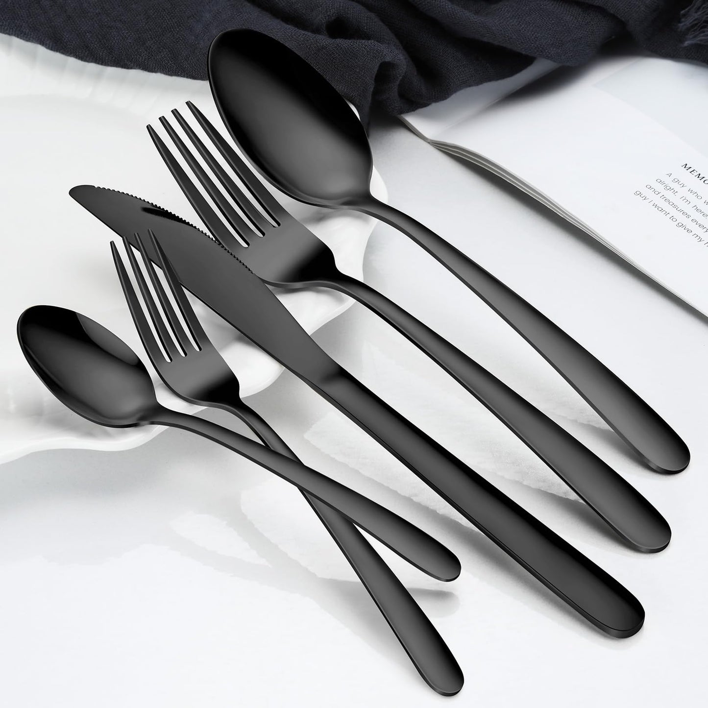 Hunnycook 60-Piece Black Silverware Set - Stainless Steel Silverware Set for 12, Includes Forks Spoons and Knives, Utensil Sets for Home Kitchen Restaurant, Dishwasher Safe