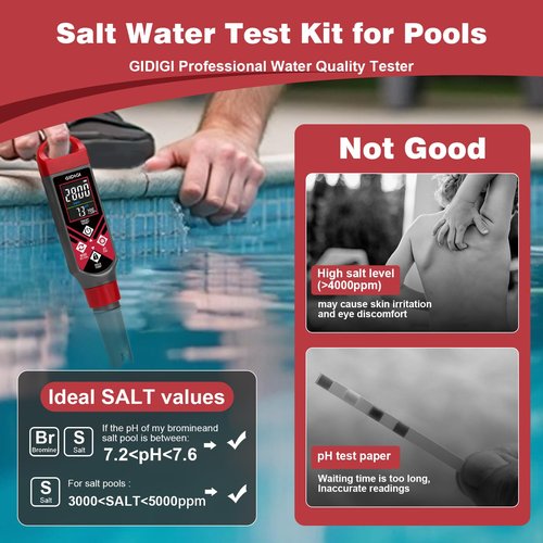Digital Pool Salt Tester & pH Meter Water Quality Tester with Color Screen for Pool Aquarium Hot Tub Hydroponics 0.1 High Accuracy Salinity Tester Pool Water Testing Kit for Saltwater Aquarium