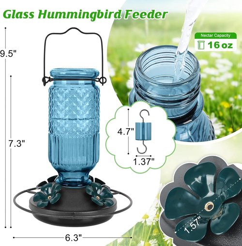 FEED GARDEN Glass Hummingbird Feeder - 16oz Leak-Proof Design with Bee Guards & Ant Moat, Blue
