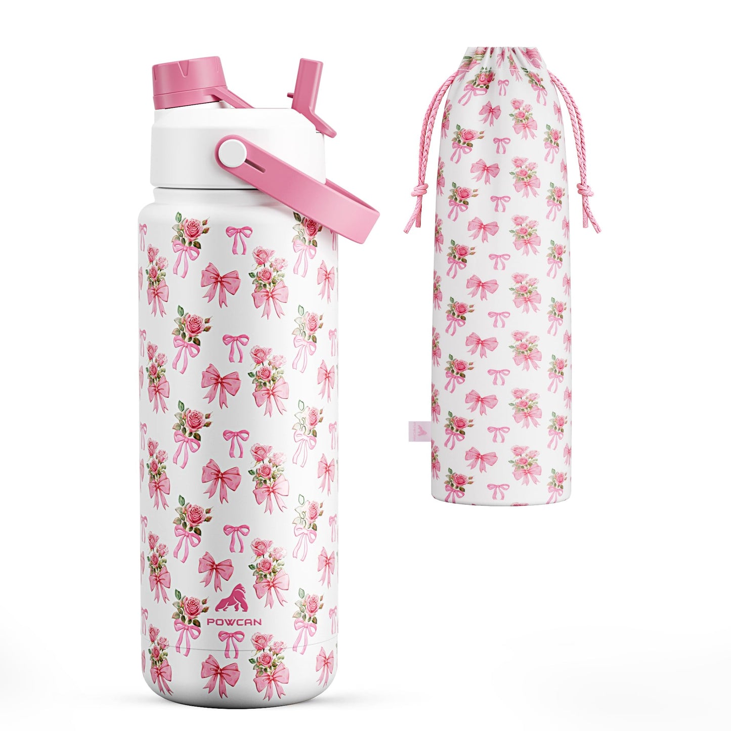 POWCAN 32 oz Insulated Water Bottle with 2-in-1 Straw and Spout Lid, Keep Cold 24H, Leak-Proof, BPA-Free, Double Wall Stainless Steel Water Bottle for Sports, Gym, Travel, Gift, Home (Rosy Bouquet)
