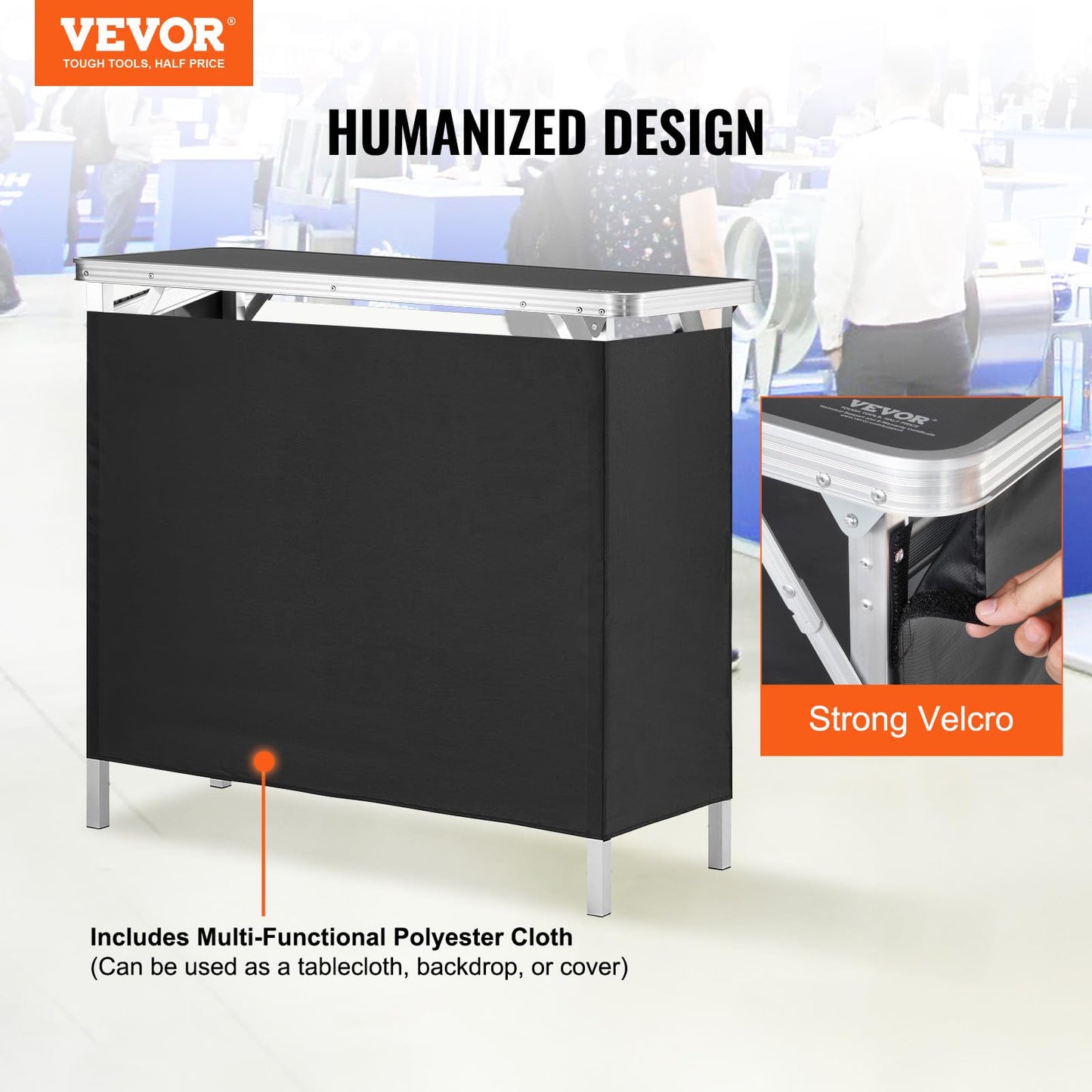VEVOR Folding Portable Bar Table, Tradeshow Podium Table for Indoor, Outdoor, Party, Picnic, Exhibition, Includes Carrying Case, Storage Shelf and Black Skirt, 38.39" x 15.16" x 34.25"