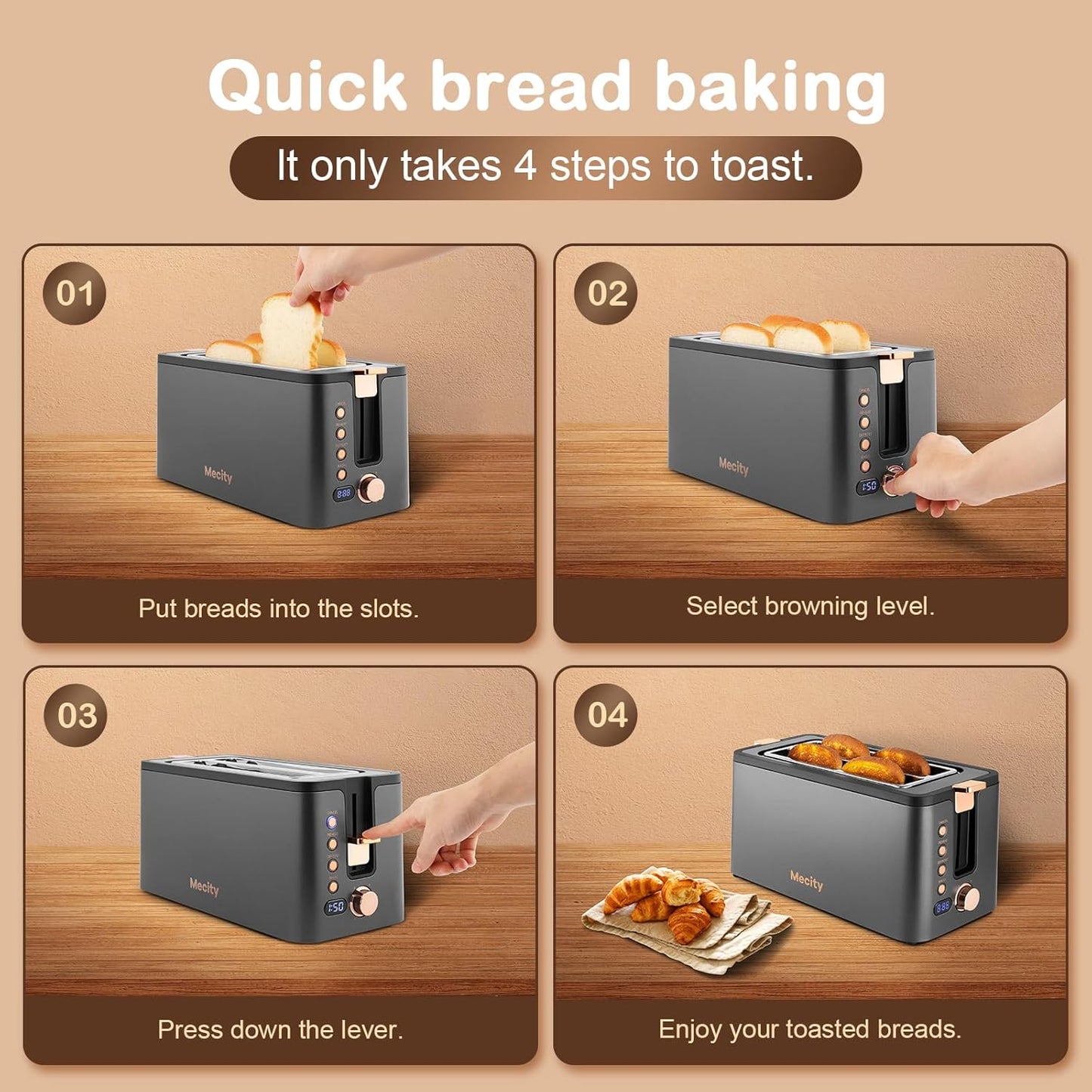 Mecity 4-Slice Long Slot Toaster - Stainless Steel With Warming Rack & 6 Browning Settings | Grey