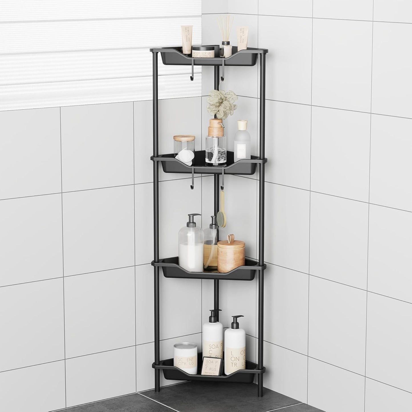 ODesign 4-Tier Corner Shower Caddy - Rustproof Organizer for Bathroom & Living Room | Black Metal & Plastic