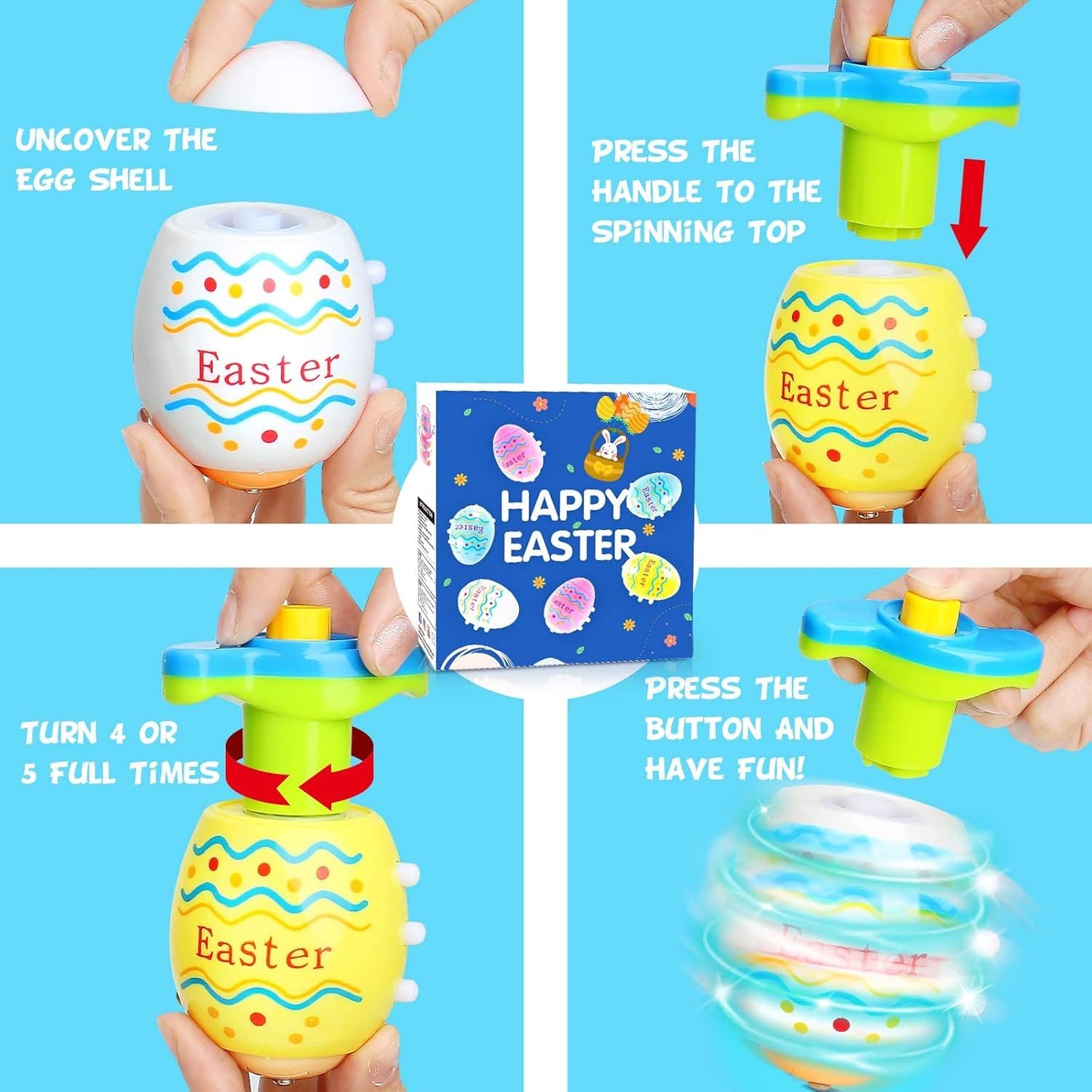 6 PCS Easter Eggs Toys Gifts for Kids, Light up & Singing Spinning Top with Flash, Easter Basket Stuffers, Plastic Easter Egg Hunt Party Favor Toy, Kids Goodie Bag Fillers, Gifts for 3+ Boys Girls