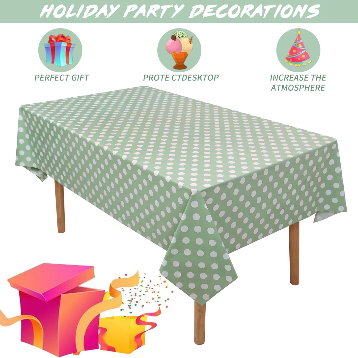 Kesfey 3 Pack Sage Green Polka Dot Table Cloths 54 x 108 Inch Sage Green and White Dots Tablecloth Disposable Plastic Sage Green Tablecover Waterproof Rectangle Picnic Table Covers for Birthday Party