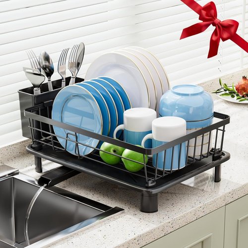 GAOKASE Stainless Steel Dish Drying Rack - Kitchen Counter Dish Drainer with Removable Utensil Holder | Black