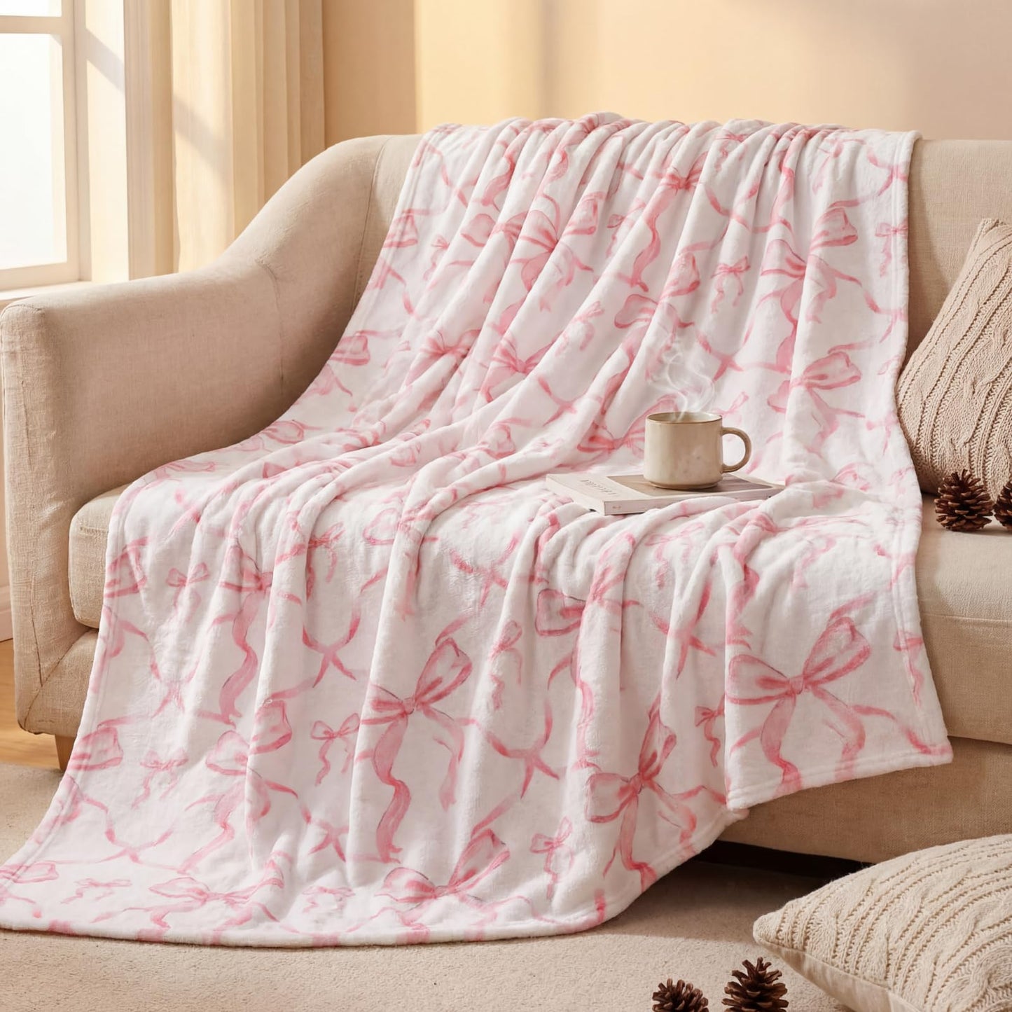 Buryeah Pink Bow Throw Blanket 50"x60" Ultra Soft Flannel Coquette Aesthetic Blanket for Girls Women Preppy Room Decor for Bed Sofa Spring Wedding Mother's Day Graduation Back to School Gift