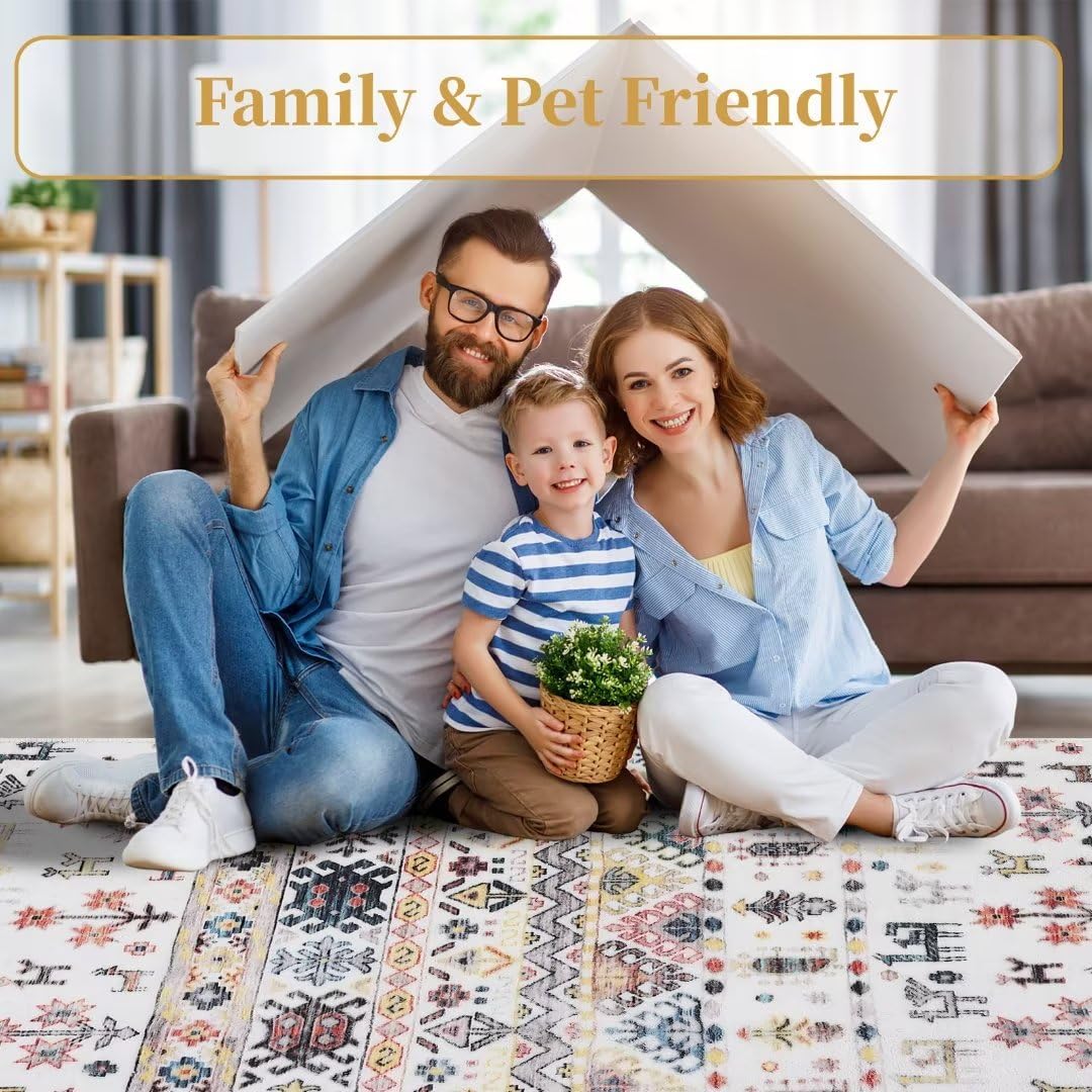 GlowSol GAOMON Area Rug 8x10 Washable Rug for Living Room Distressed Boho Rug Non Slip Non Shedding Indoor Rug Lightweight Foldable Rug for Living Room Bedroom, Yellow/Grey