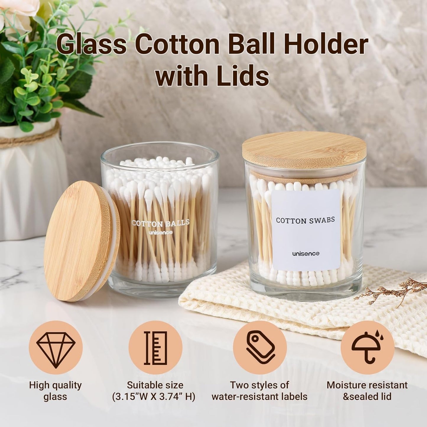 Skiennix Glass Qtip Holder Set - 2 Pack Bathroom Organizer with Lid for Cotton Swabs & Makeup Storage