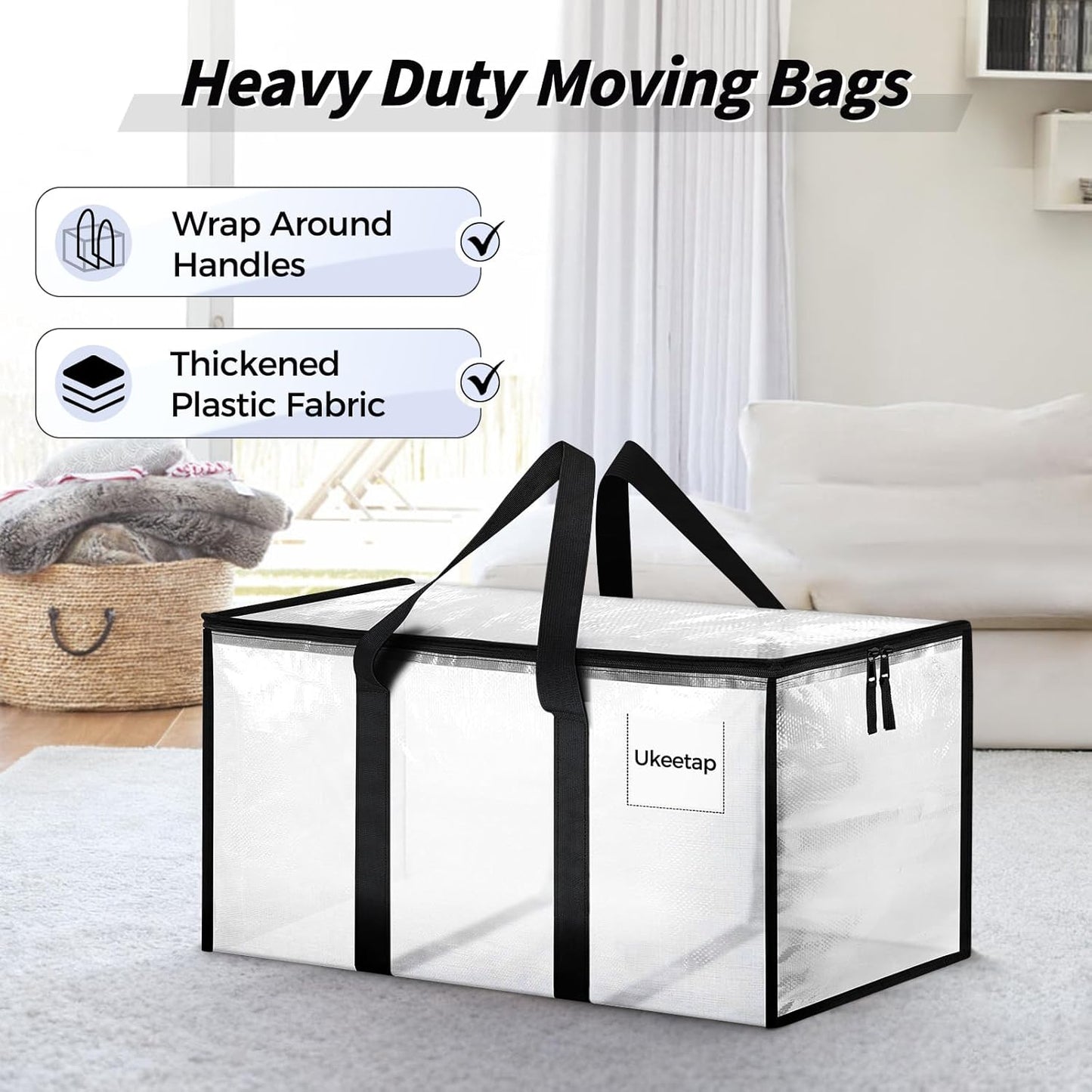 Skiennix Extra Large Heavy-Duty Moving Bags - Clear Storage Totes with Reinforced Handles & Zippers | 8 Pack