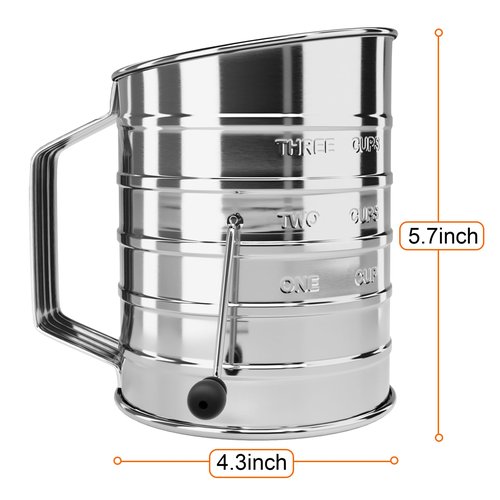 HULISEN 3-Cup Flour Sifter for Baking, Stainless Steel Rotary Hand Crank Sifter, Powdered Sugar & Cocoa Shaker