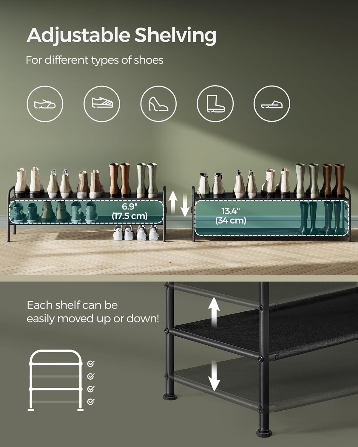 SONGMICS Shoe Rack - 2-Tier Fabric Organizer with 4 Hooks | Holds 12 Pairs - Height Adjustable, Ink Black