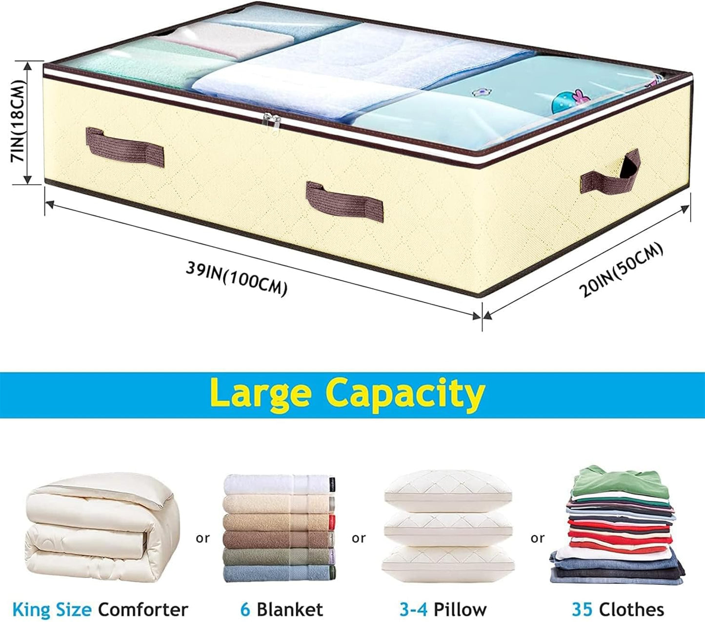 90L Under Bed Storage Containers by [Brand Name] - Clear Window Organizers for Bedding & Toys | 2 Pack Beige