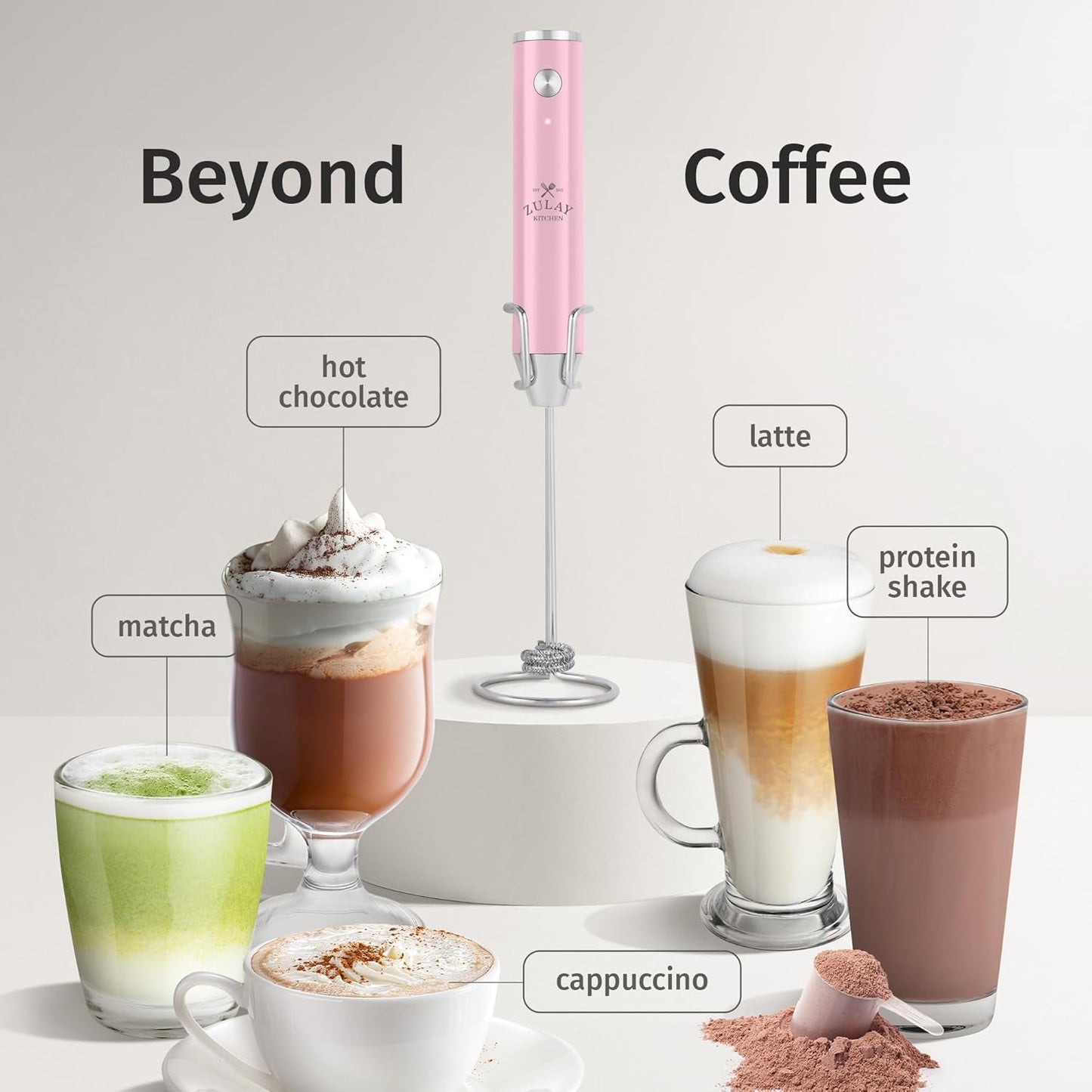 Zulay Kitchen Rechargeable Milk Frother - Powerful 2-Speed Motor, Waterproof, 2000mAh Battery | Pink Bubblegum for Lattes & Cappuccinos
