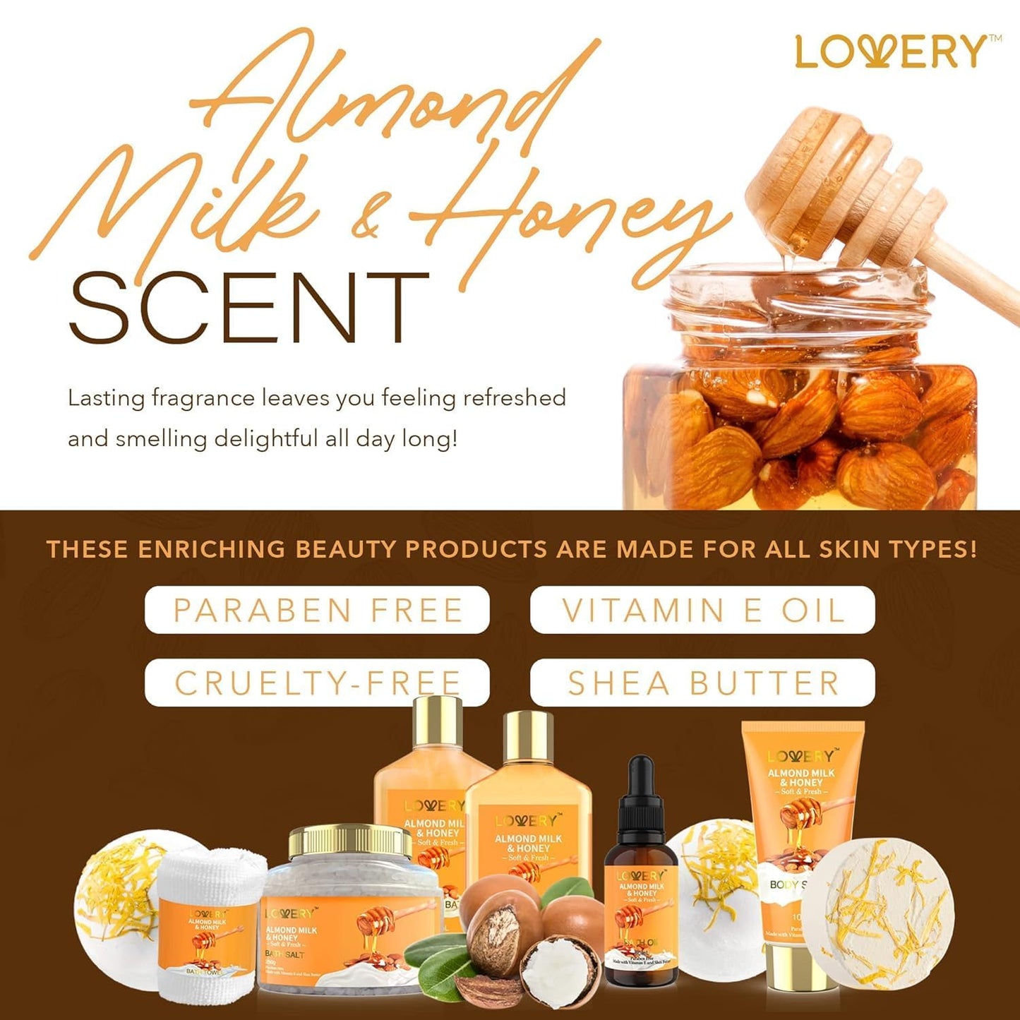 Mothers Day Gifts for Mom Women Gift Basket for Women - 10 Pc Almond Milk & Honey Beauty & Personal Care Set - Home Bath Pampering Package for Relaxing - Spa Self Care Kit - Birthday, Mom, Anniversary