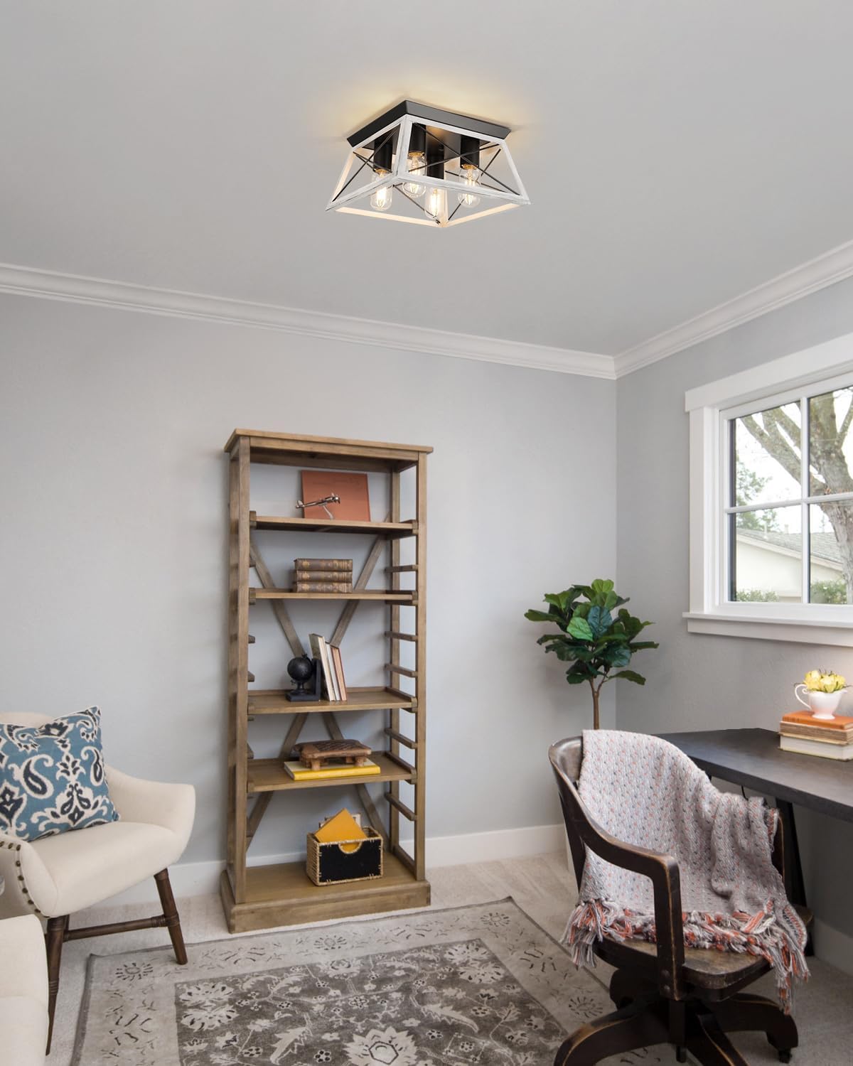Farmhouse Flush Mount Ceiling Light Oak White Ceiling Light Fixtures 2-Light Industrial Vintage Metal-Framed Ceiling Lighting for Hallway Foyer Kitchen Dining Room Bedroom Living Room Laundry