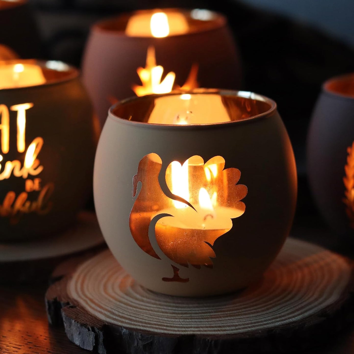 Thanksgiving Votive Candle Holder Set by [Brand Name] - 6 Glass Holders with Laser Engraved Designs for Fall Centerpiece Decor