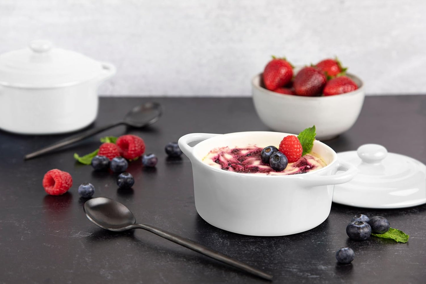 Kook Ceramic Mini Cocotte Set - Small Casserole Dishes with Lids | Oven Safe 350°F, 12 oz, Set of 4 (Swiss White)